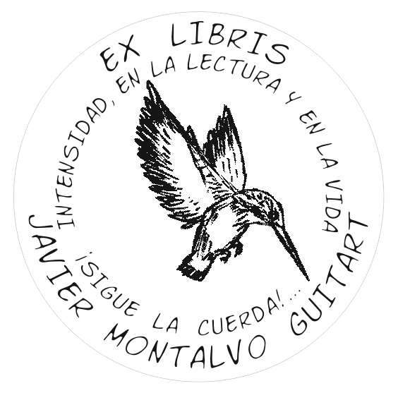 Ex Libris de Javier Montalvo con un martín pescador y el lema «Intensidad, en la lectura y en la vida.